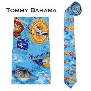 Tommy Bahama Silk Tie Turquoise Blue Bright Tropical Travel Planes Boat Novelty